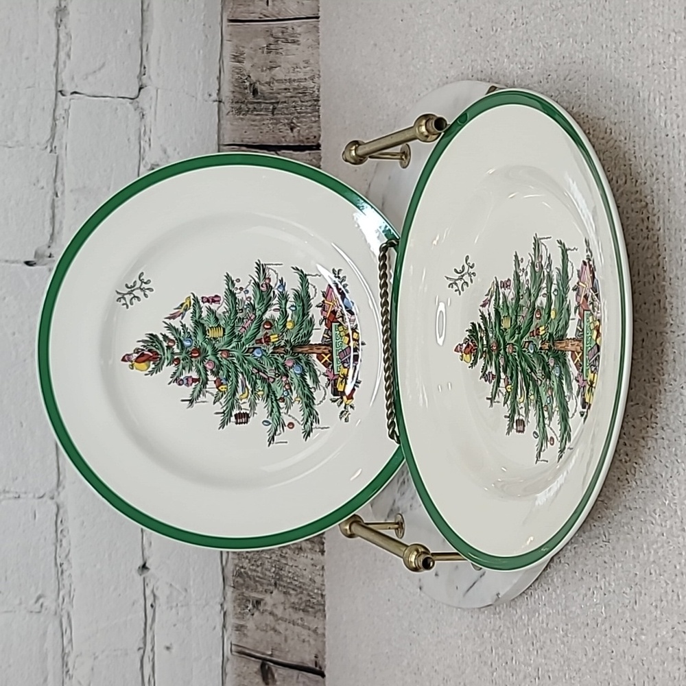 Spode Christmas Tree Classic Holiday Mint Vtg Ceramic Set of Two Dinner Plates